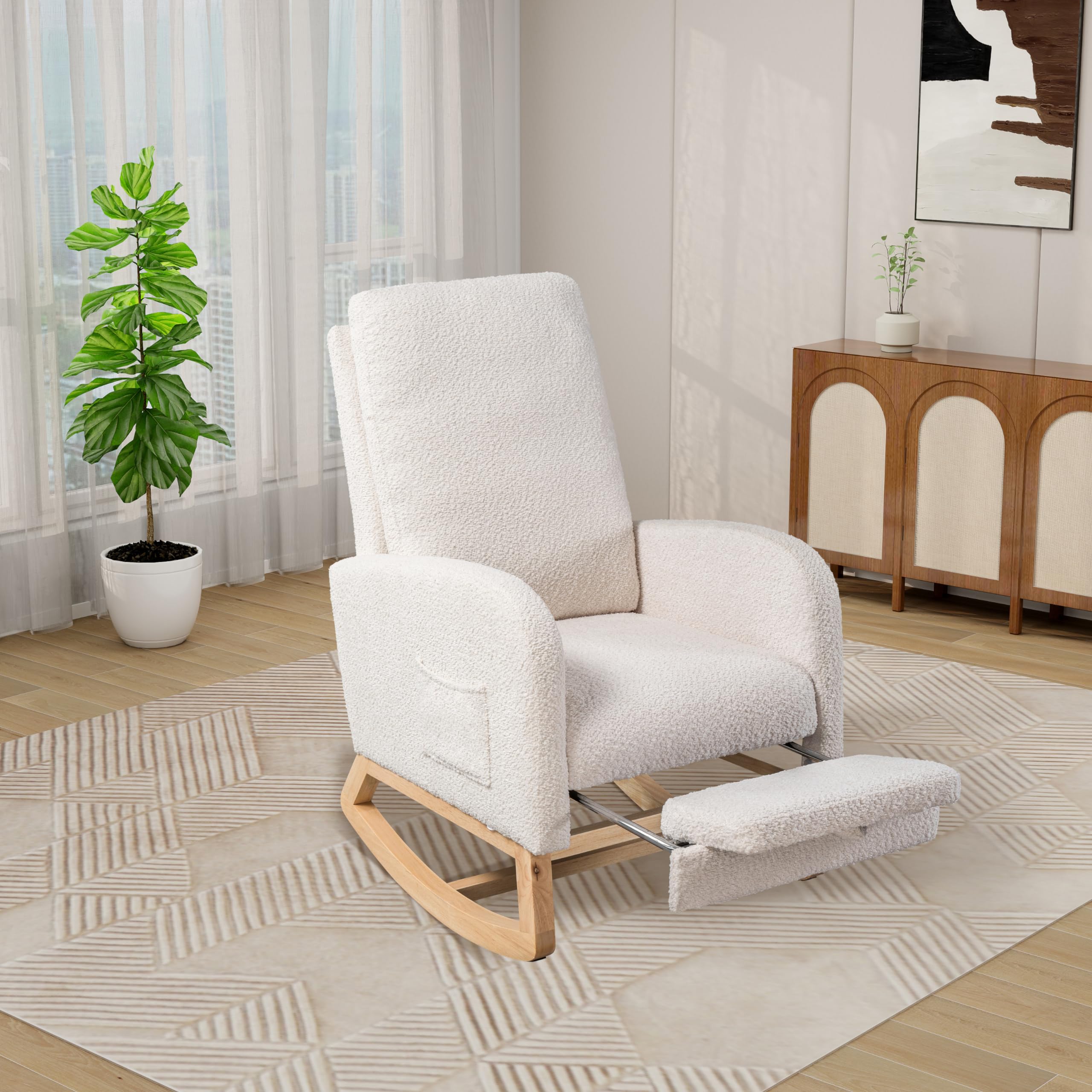 Indoor Rocking Chair for Relaxation: Comfortable Upholstered Glider with Side Pocket